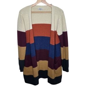Jodifl | Colorful Wide Striped Open Front Ribbed Cardigan Sweater Size Medium